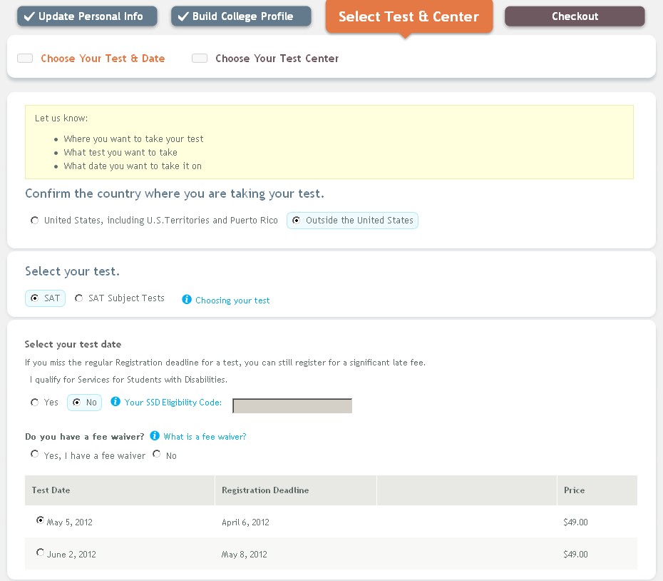 SAT考試選擇考試日期及座位